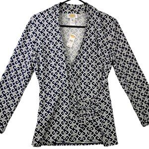 Talbots Navy White Geometric V-Neck Wrap Style Top Small Classic NWT